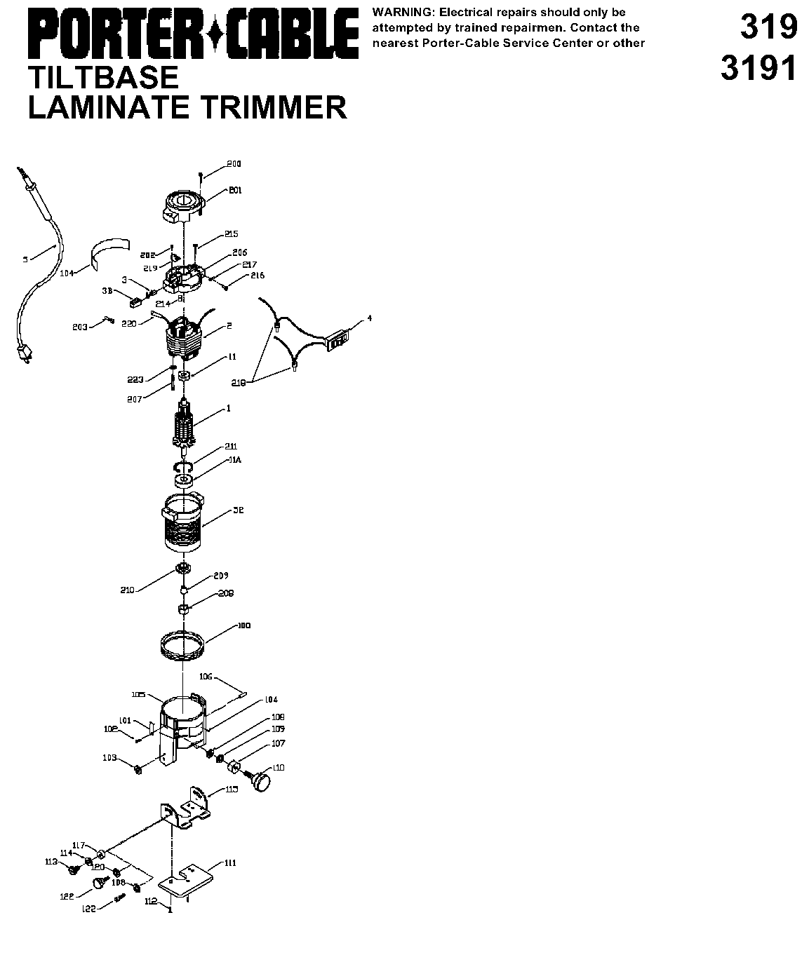Default Diagram and Parts List for J-319 Type 1 Porter Cable Trimmer
